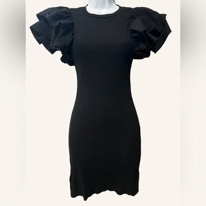 Zara Ribbed Fitted Ruffle Sleeve Mini Dress Size Small Black